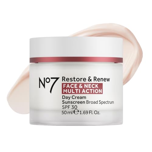 No7 Restore & Renew Multi Action Face & Neck Cream - Anti Aging Face Moisturizer with SPF 30 - Helps to Firm & Hydrate Crepey Skin - Formulated with Hyaluronic Acid, Peptides & Ceramides (1.69 Oz)
