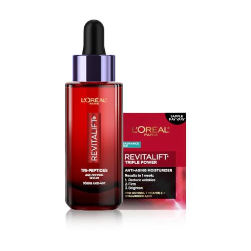 L'Oreal Paris Revitalift Face Serum with Tri-Peptides, Vitamin C & Hyaluronic Acid, Anti Aging, Anti Wrinkle Serum to Firm and Brighten, 1 FL oz, + Sample