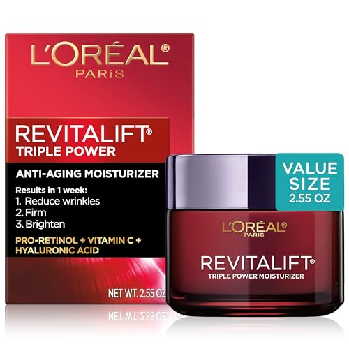 L'Oreal Paris Revitalift Triple Power Anti-Aging Face Moisturizer, Pro Retinol, Hyaluronic Acid & Vitamin C to Reduce Wrinkles, Firm & Brighten Skin, 2.55 Oz