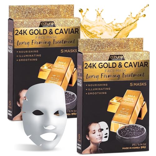 AZURE 24K Gold and Caviar Anti Aging Luxury Face Mask - Hydrating & Firming Facial Mask - Helps Reduce Wrinkles & Fine Lines - With Hyaluronic Acid & Collagen - Skin Care Made in Korea - 10 Pack